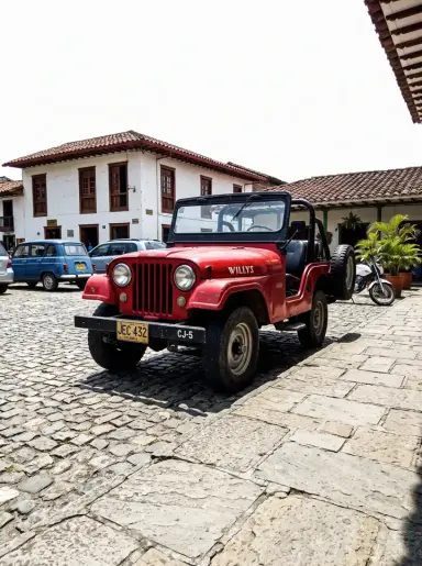 Willys rojo en la plaza de un pueblo