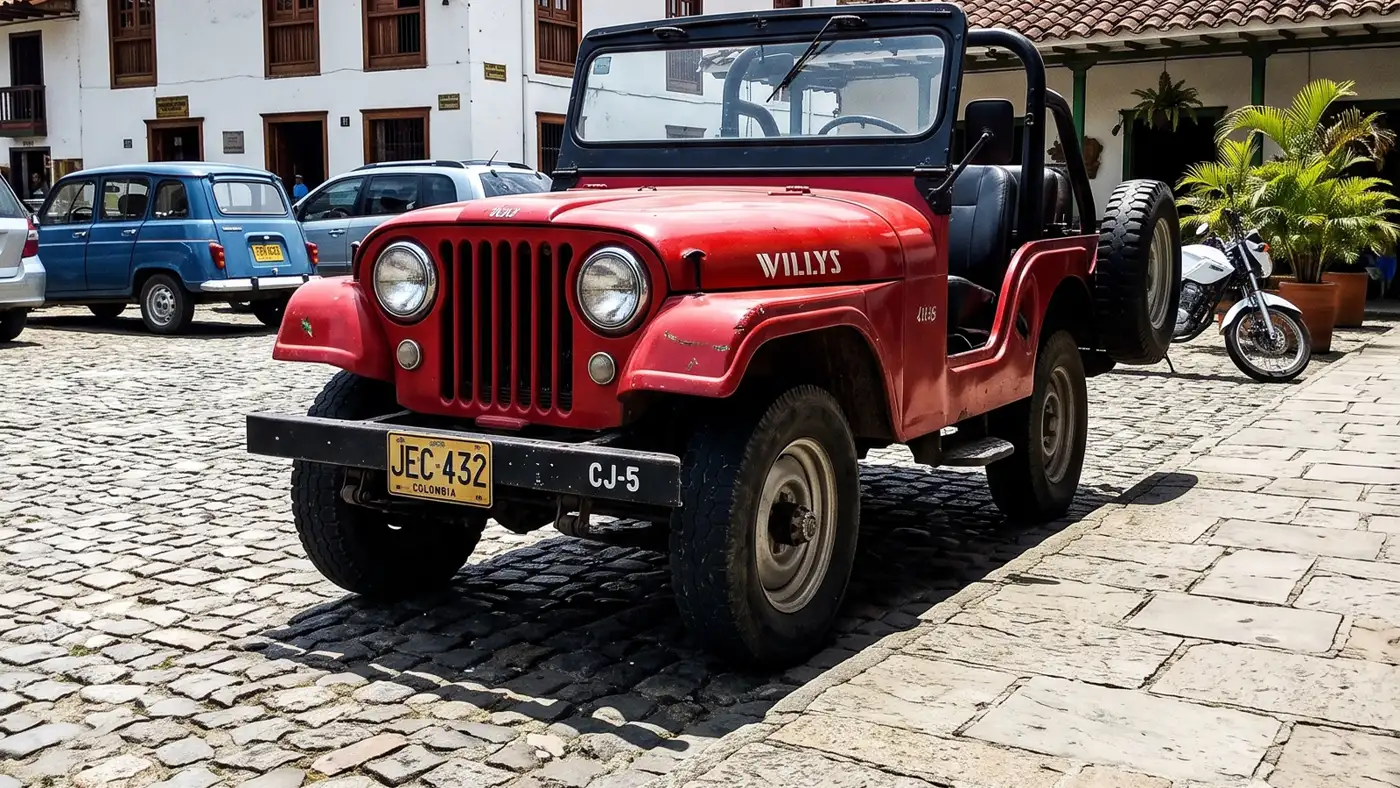 Willys parqueado en la plaza empedrada de un pueblo del Quindío